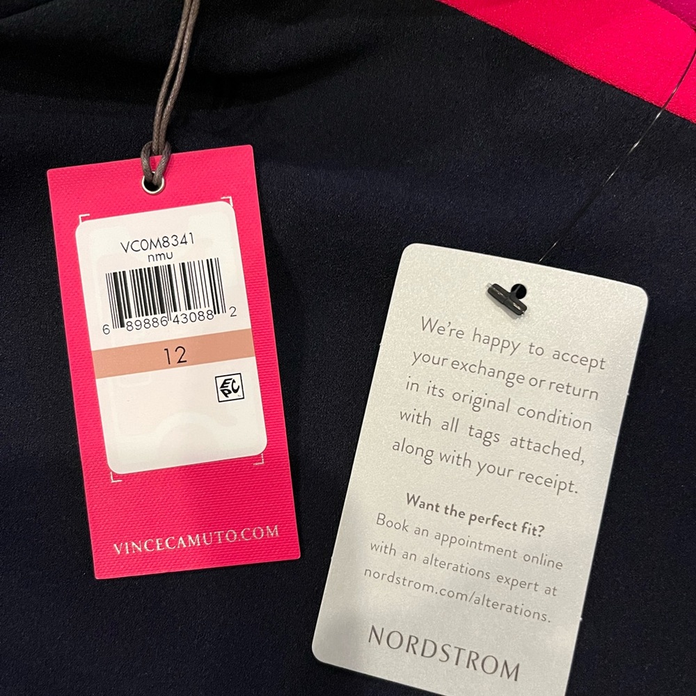 NWT Vince Camuto Navy Side Stripe Boatneck 3/4 Sleeve Shift Dress - Picture 2 of 3